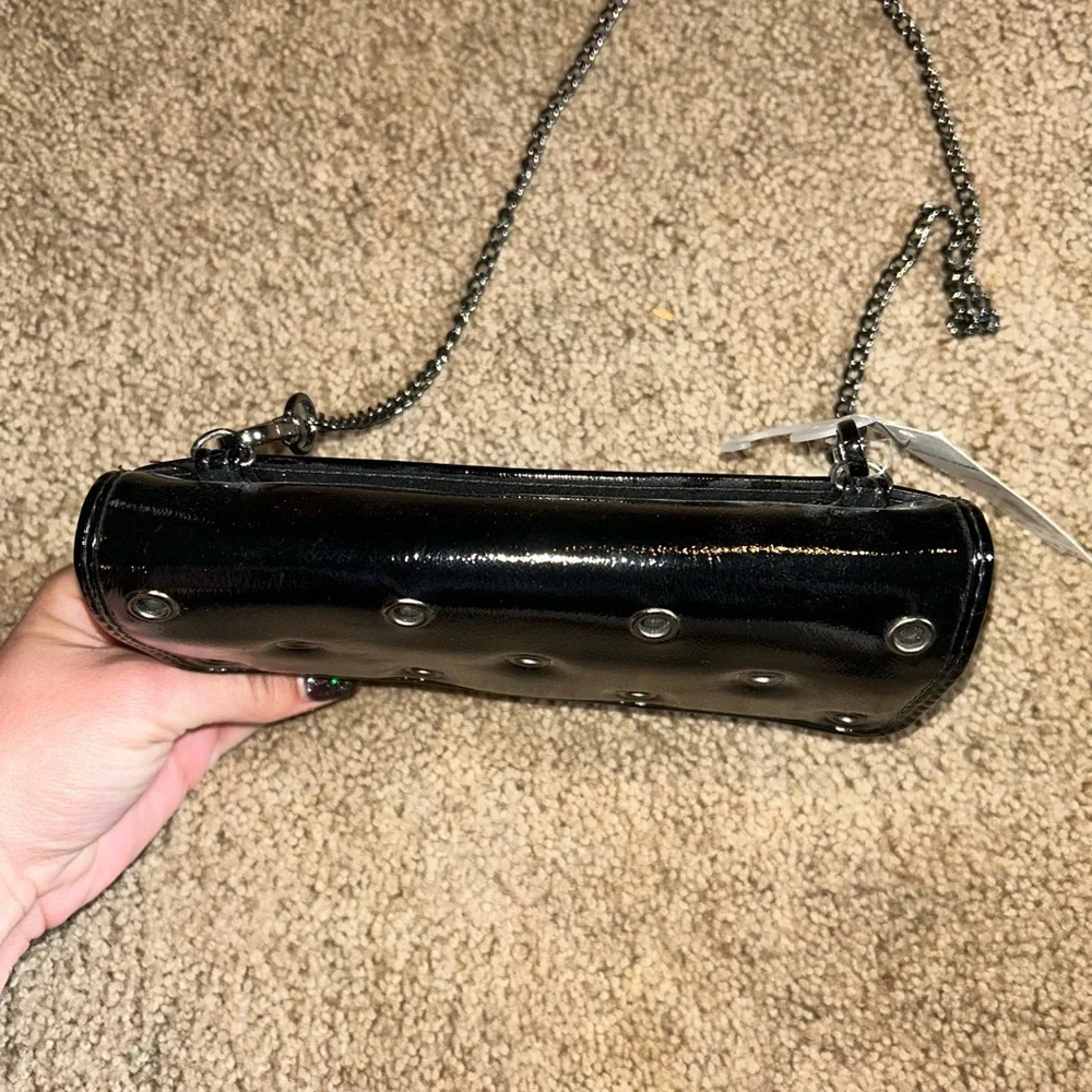 No Boundaries Shiny Black Crossbody Bag with Eyelets